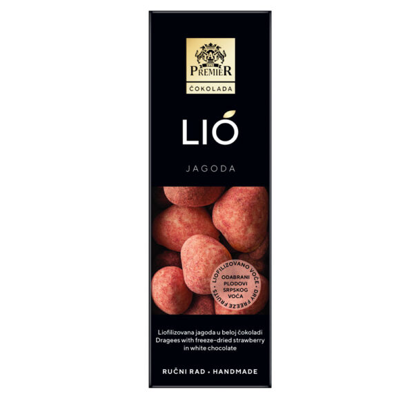 čokoladne dražeje sa jagodom u beloj čokoladi u elegantnom pakovanju