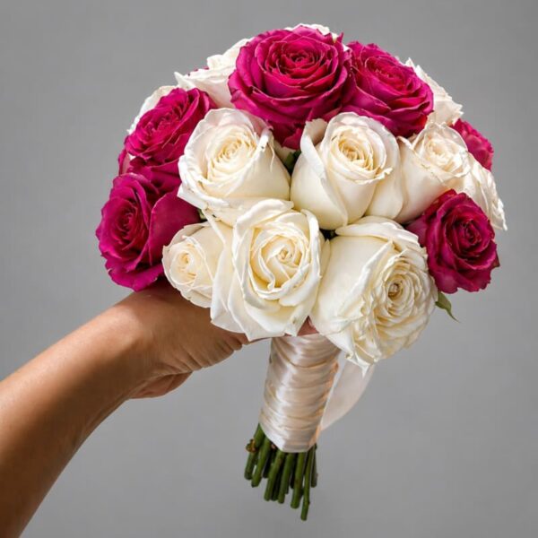 bidermajer od belih i ciklama ruža za venčanje