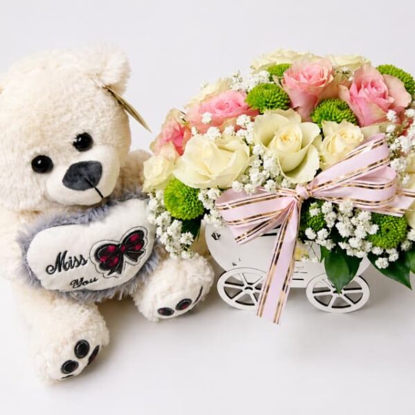 cveće i plišani meda poklon