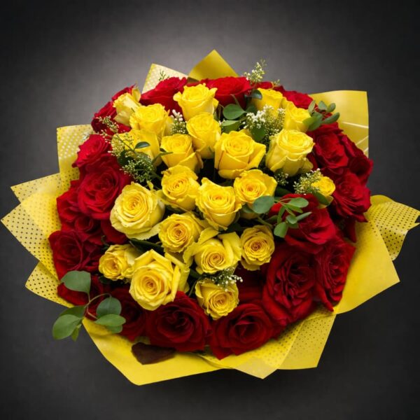 luksuzni buket crvenih i zutih ruza premium aranzman