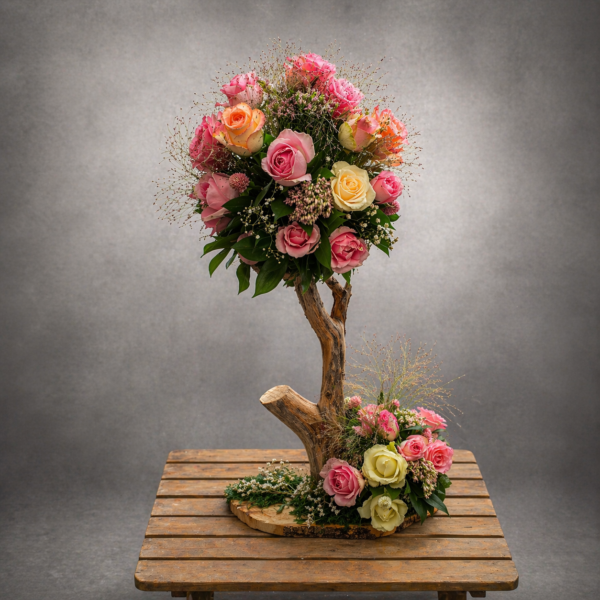 dekorativni aranžman ruža na drvenom stalku sa pastelnim cvećem