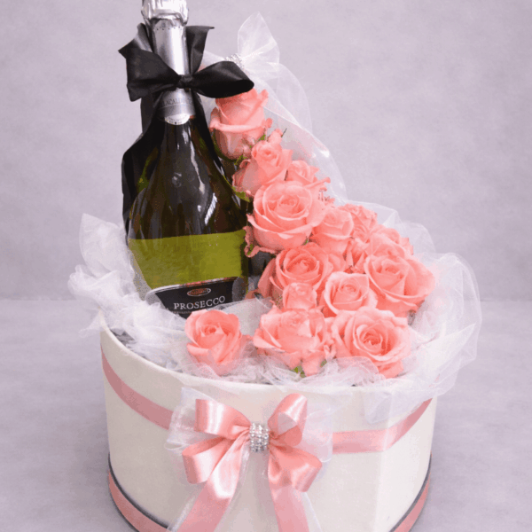 cvetni aranzman sa prosecco vinom i ruzama u kutiji Beograd