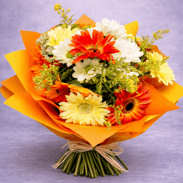 sareni buket sa gerberima narandzasti zuti beli dostava Beograd