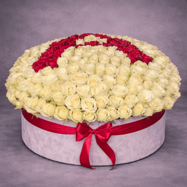 301 ruža u boksu sa slovom A crvene i bele ruže luksuzni aranžman