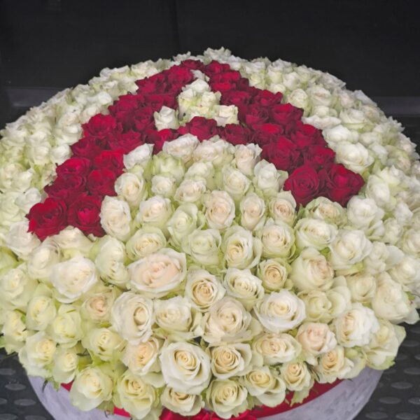 301 ruža u boksu sa slovom A crvene i bele ruže luksuzni aranžman