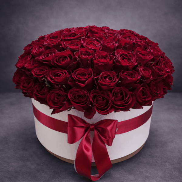 101 crvena ruža u okruglom belom boksu sa crvenom mašnom