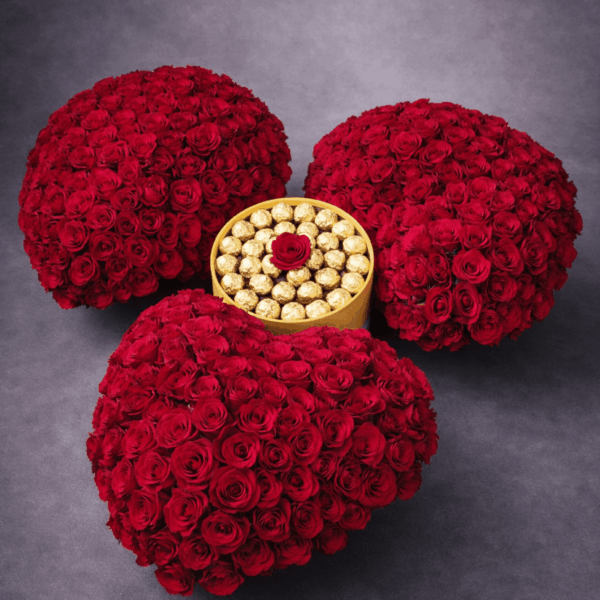301 crvena ruža sa ferrero luksuzni buket u obliku cveta