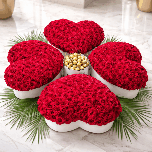 401 crvena ruža u obliku srca sa ferrero rocher čokoladama luksuzni aranžman