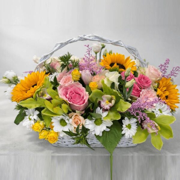cvetna korpa sa suncokretima ruzama i orhidejama dostava beograd